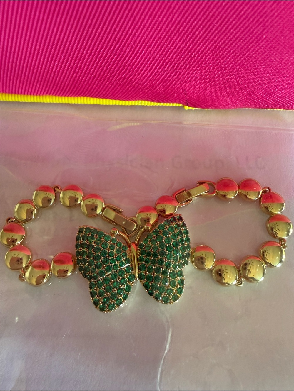 Gold Bracelet with Green Pavé Butterfly Accent